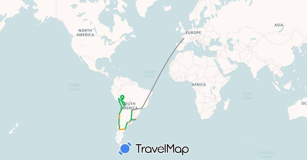 TravelMap itinerary: driving, bus, plane, hiking, boat, hitchhiking in Argentina, Bolivia, Brazil, Chile, France, Netherlands, Peru, Paraguay, Uruguay (Europe, South America)